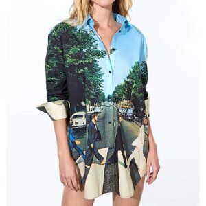 NWT Alice + Olivia x The Beatles Finely Shirt Blouse Abbey Road Print M